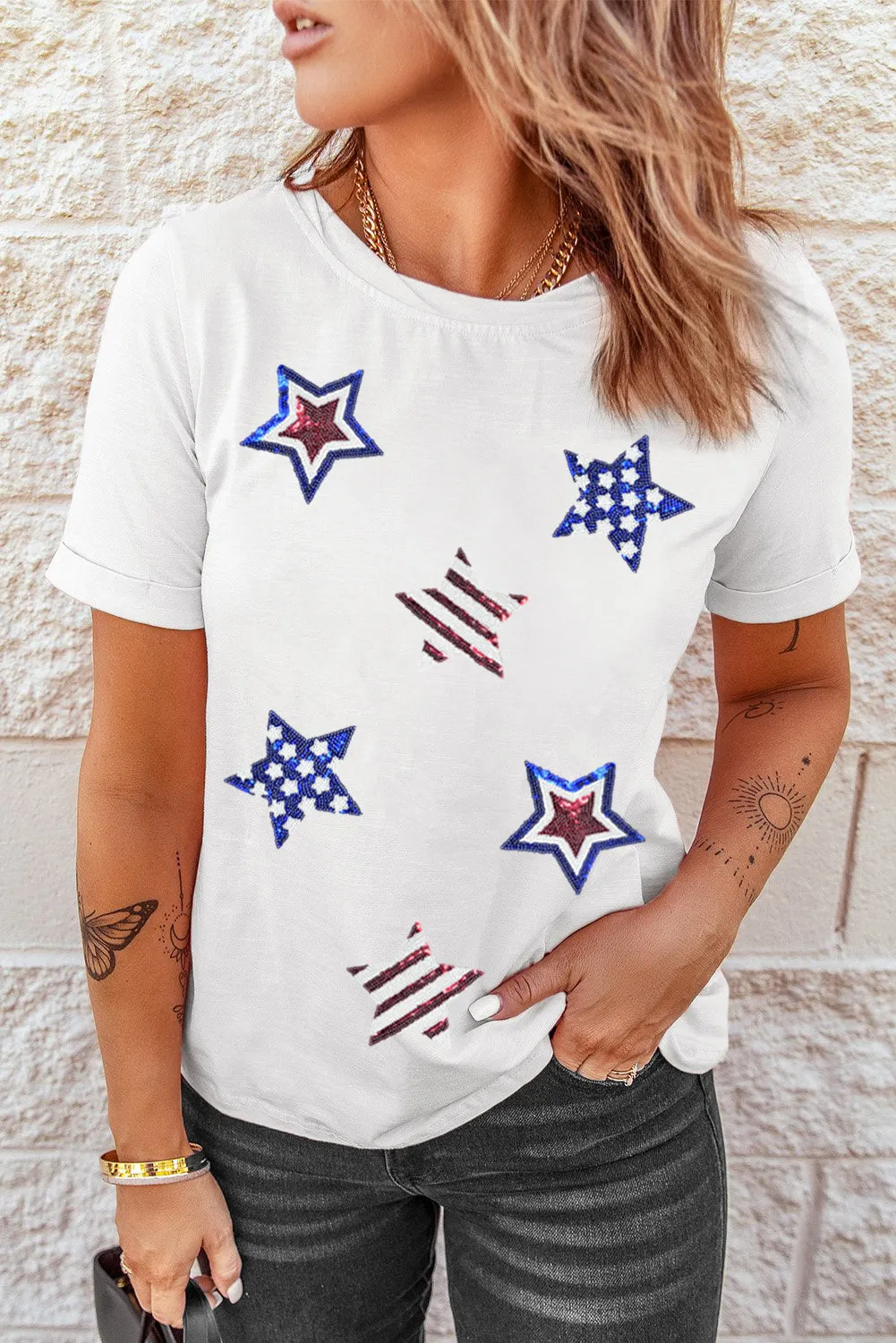 Sequin Star Round Neck Short Sleeve T-Shirt sold by Charming Charlie