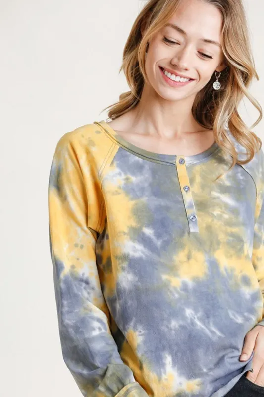 Umgee Full Size Tie Dye Button Front Long Raglan Sleeve Top Plus Size sold by Charming Charlie
