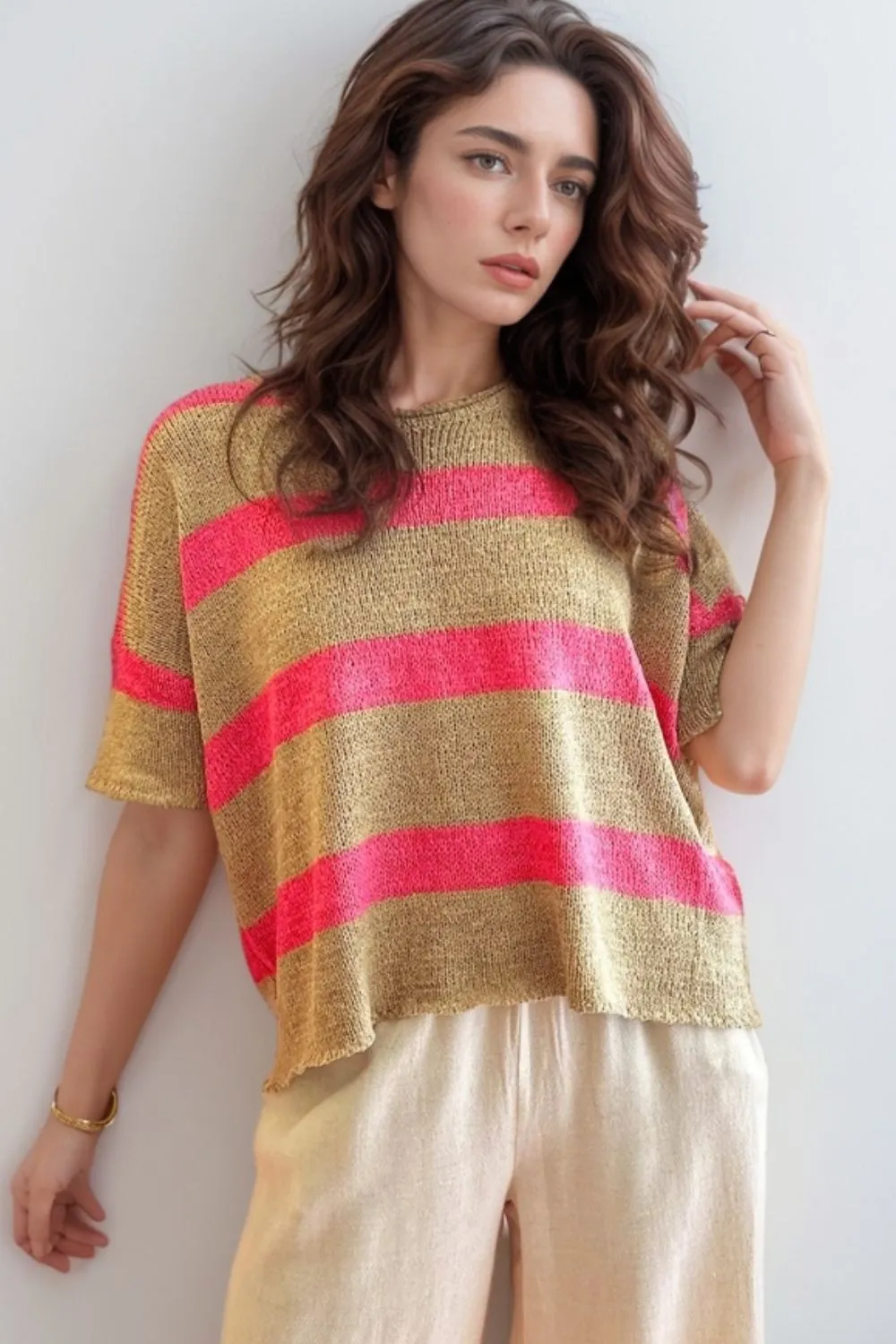 Contrast Striped Crew Neck Lightweight Knit Top sold by Charming Charlie product image thumbnail 2
