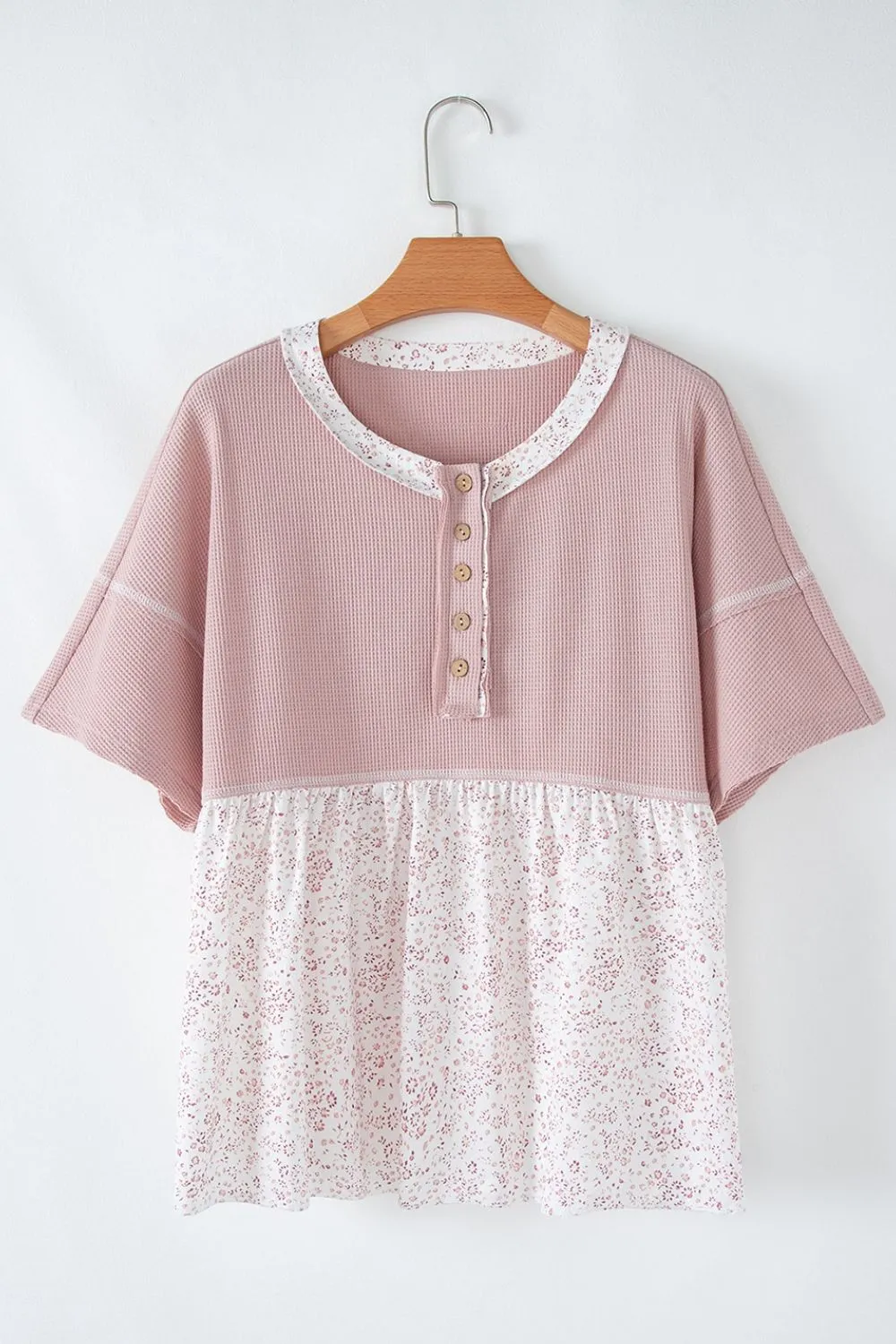 Waffle Floral Patchwork Exposed Seam Detail Short Sleeve Top sold by Charming Charlie product image thumbnail 5