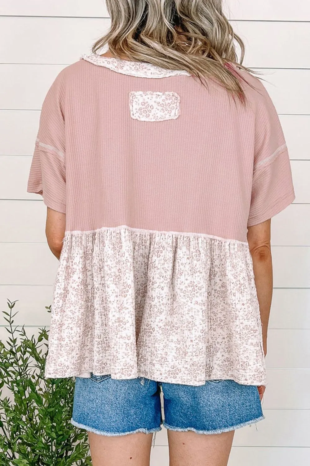 Waffle Floral Patchwork Exposed Seam Detail Short Sleeve Top sold by Charming Charlie product image thumbnail 3