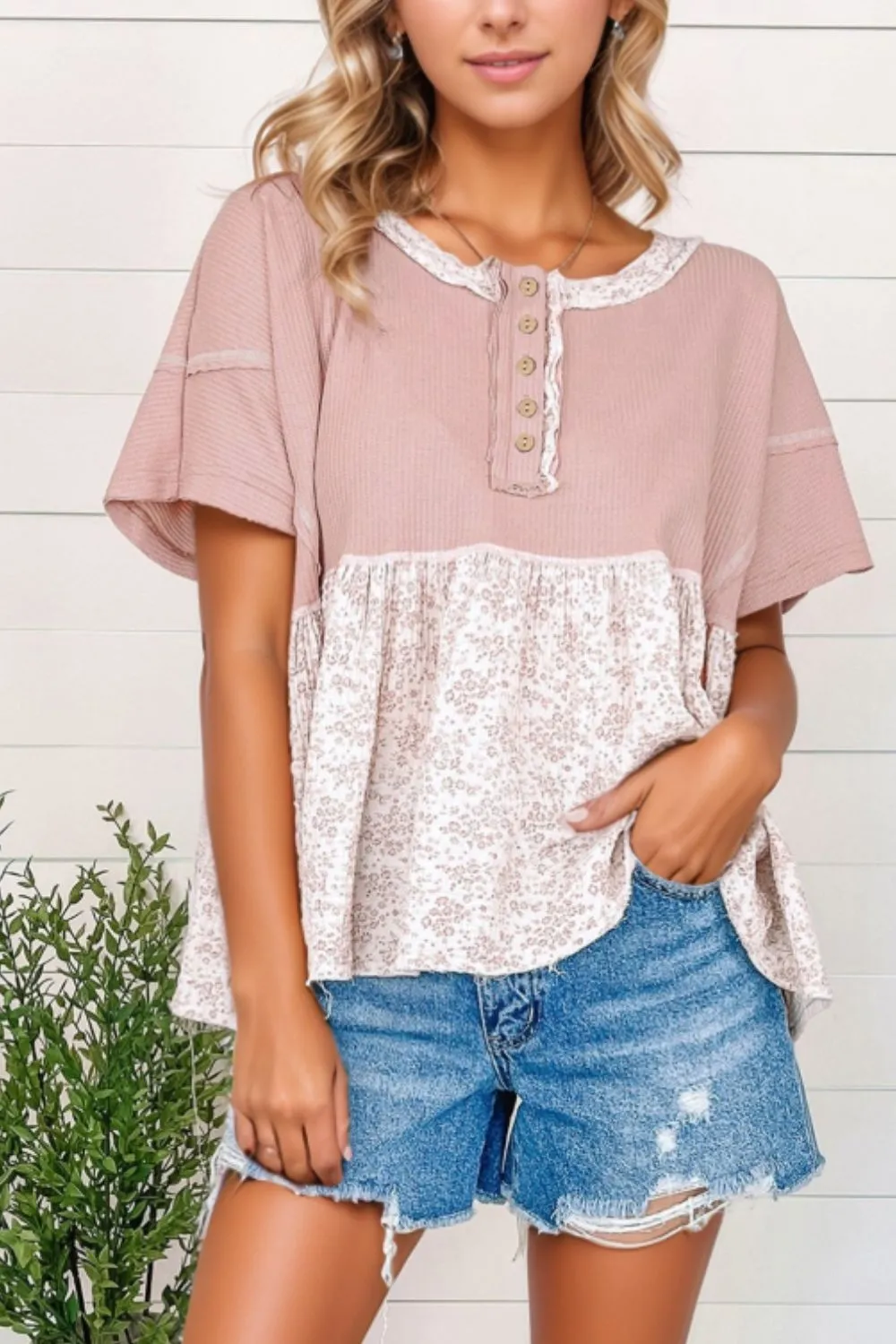 Waffle Floral Patchwork Exposed Seam Detail Short Sleeve Top sold by Charming Charlie