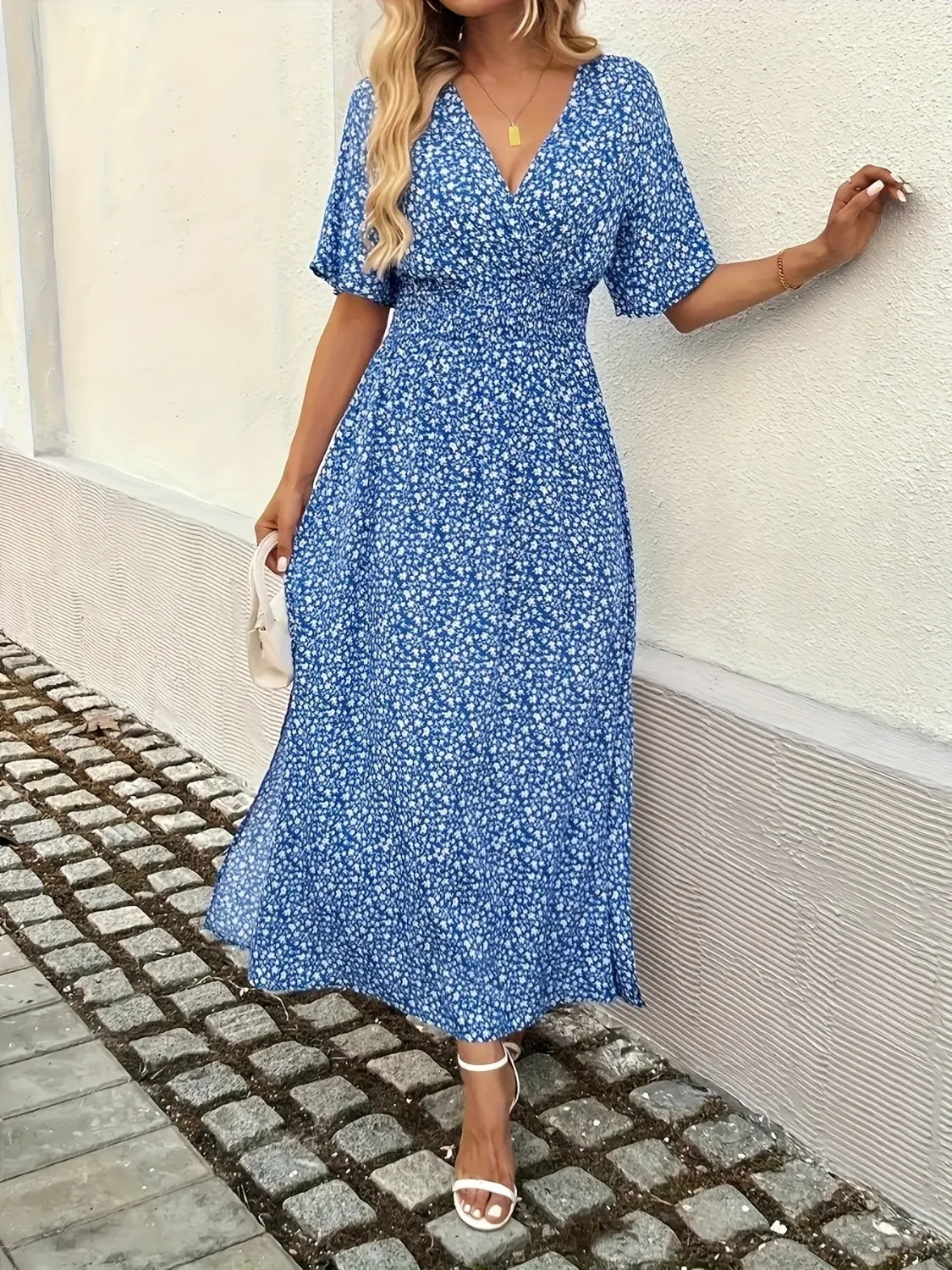 Slit Ditsy Floral Surplice Short Sleeve Maxi Dress sold by Charming Charlie product image thumbnail 4