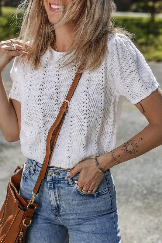 Openwork Round Neck Short Sleeve Knit Top sold by Charming Charlie