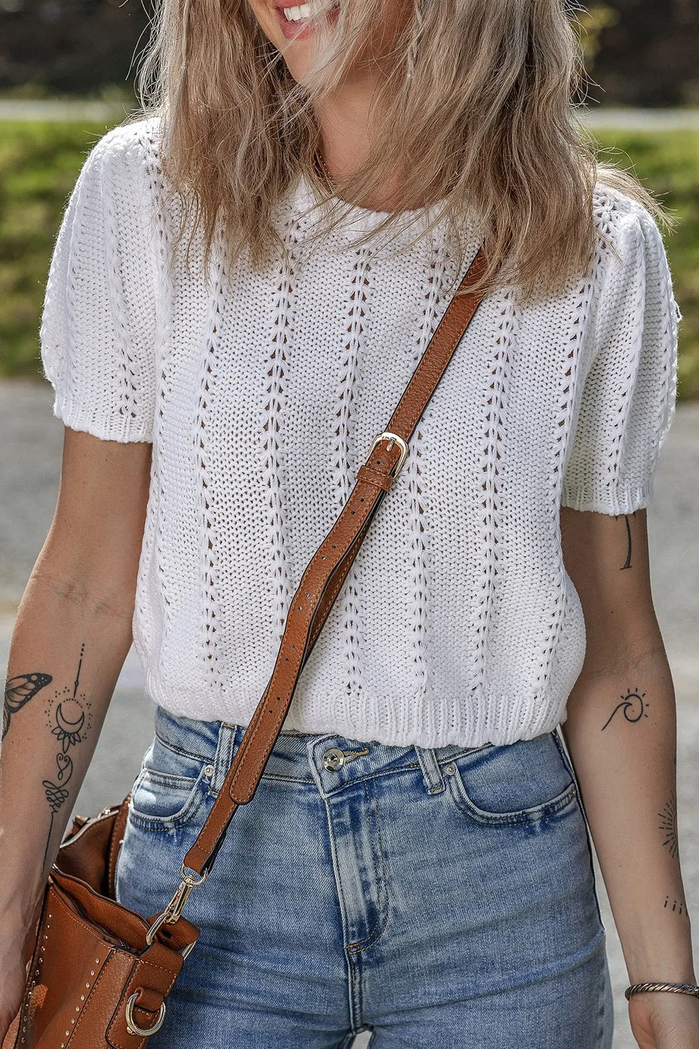 Openwork Round Neck Short Sleeve Knit Top sold by Charming Charlie product image thumbnail 3