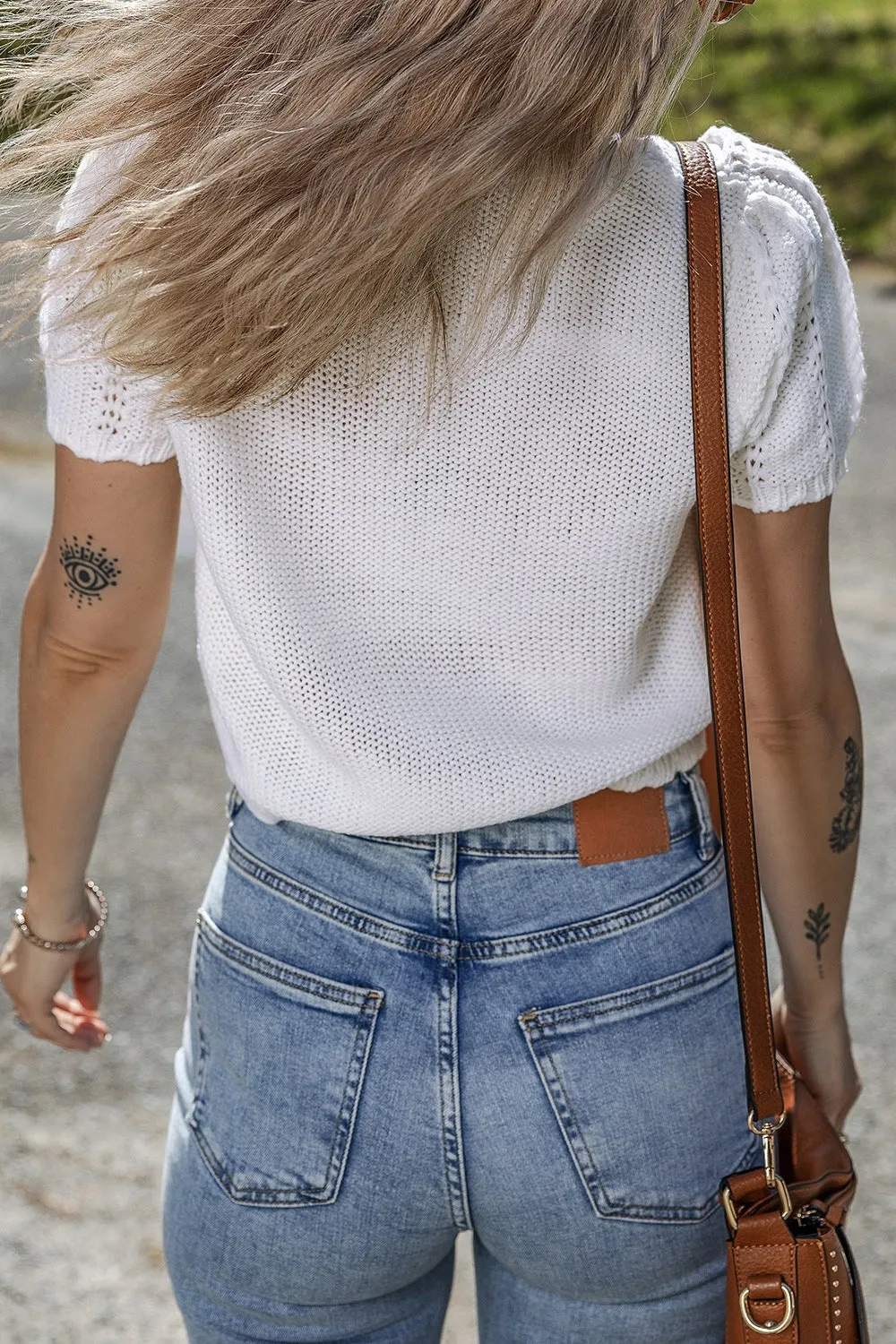 Openwork Round Neck Short Sleeve Knit Top sold by Charming Charlie product image thumbnail 5