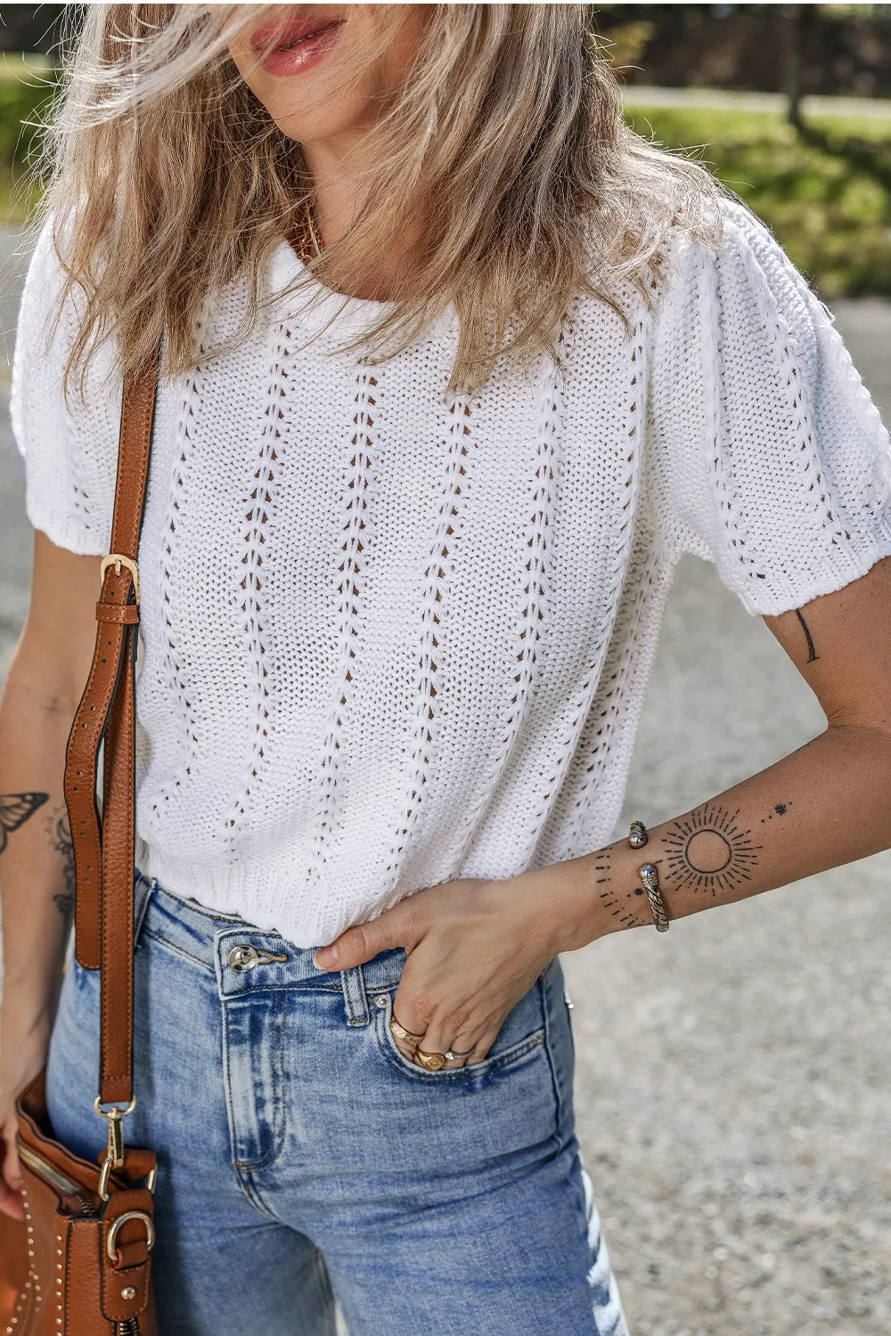 Openwork Round Neck Short Sleeve Knit Top sold by Charming Charlie product image thumbnail 2