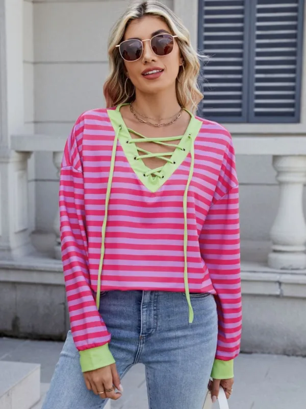 Lace-Up Striped Long Sleeve T-Shirt sold by Charming Charlie