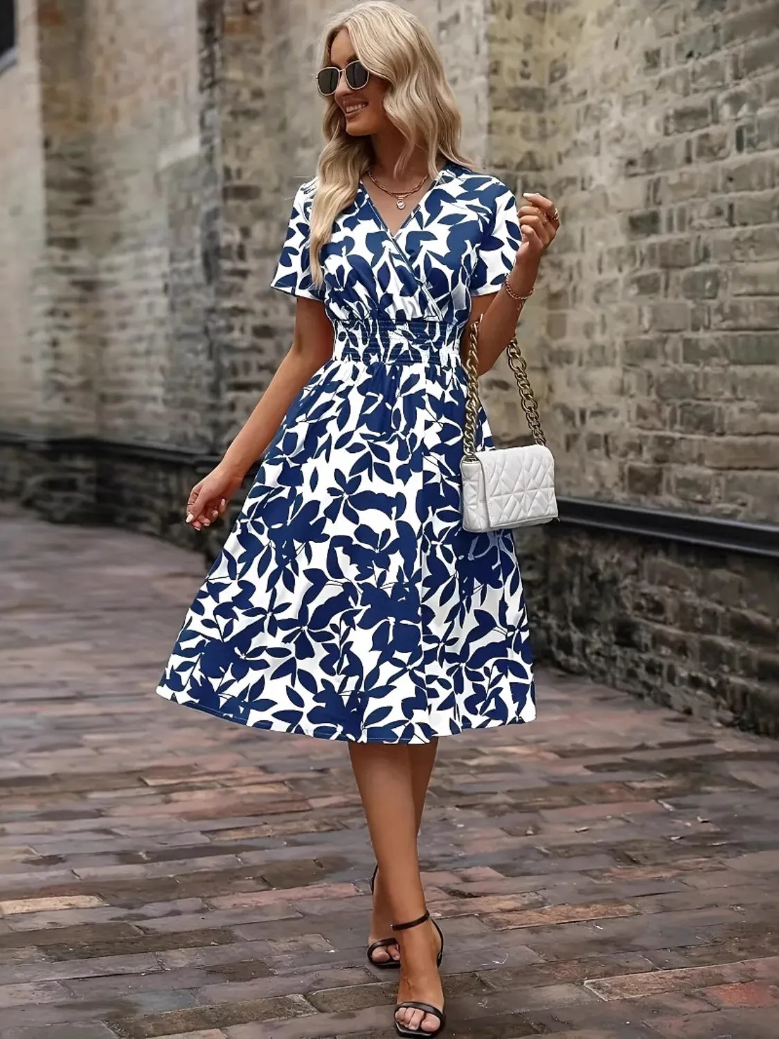 Printed Smocked Surplice Short Sleeve Dress sold by Charming Charlie product image thumbnail 4