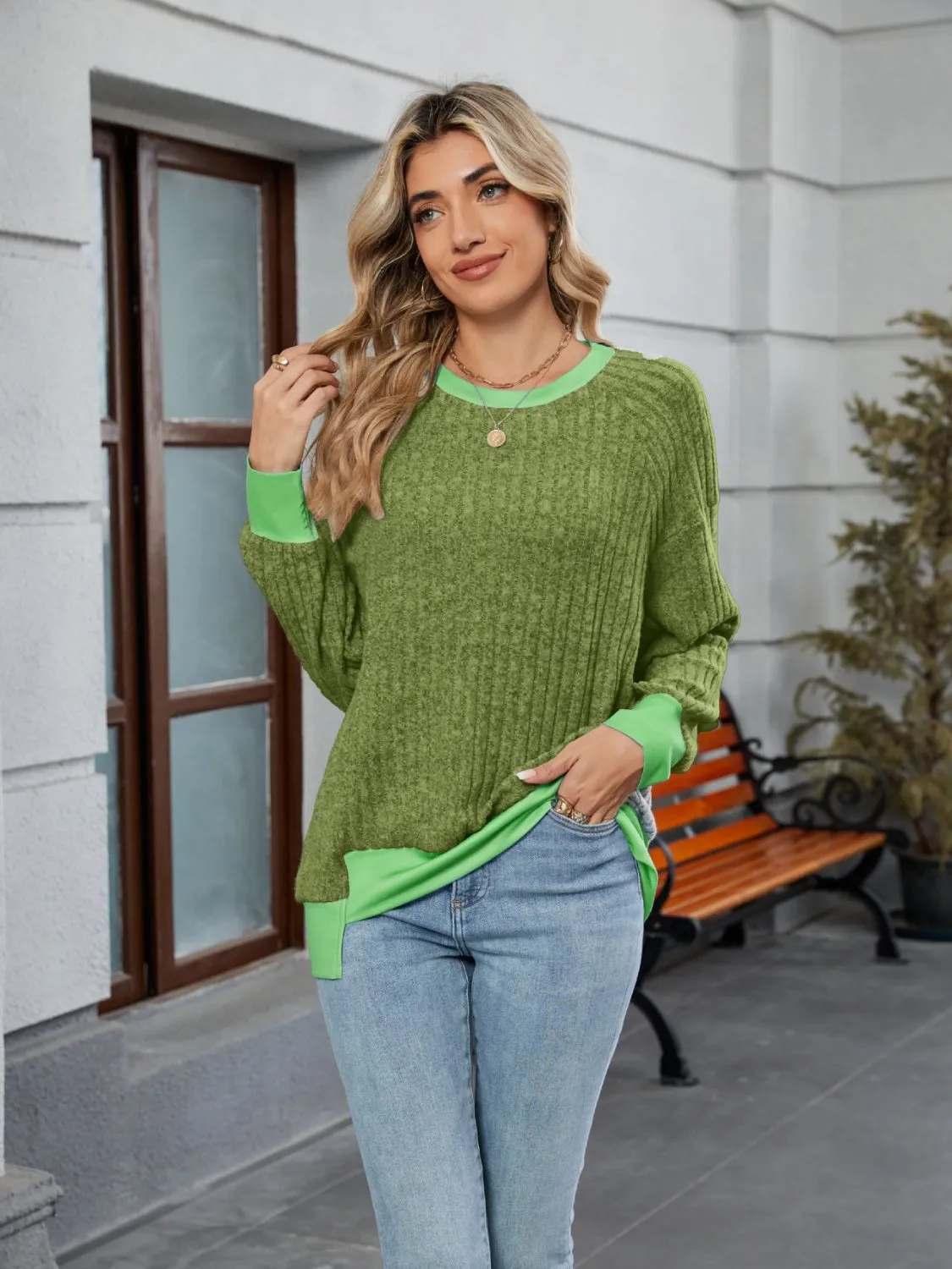 Contrast Trim Round Neck Long Sleeve T-Shirt sold by Charming Charlie product image thumbnail 4