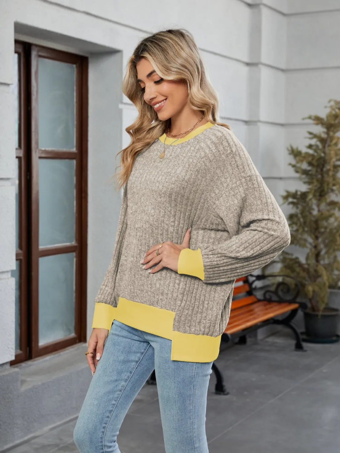 Contrast Trim Round Neck Long Sleeve T-Shirt sold by Charming Charlie product image thumbnail 5