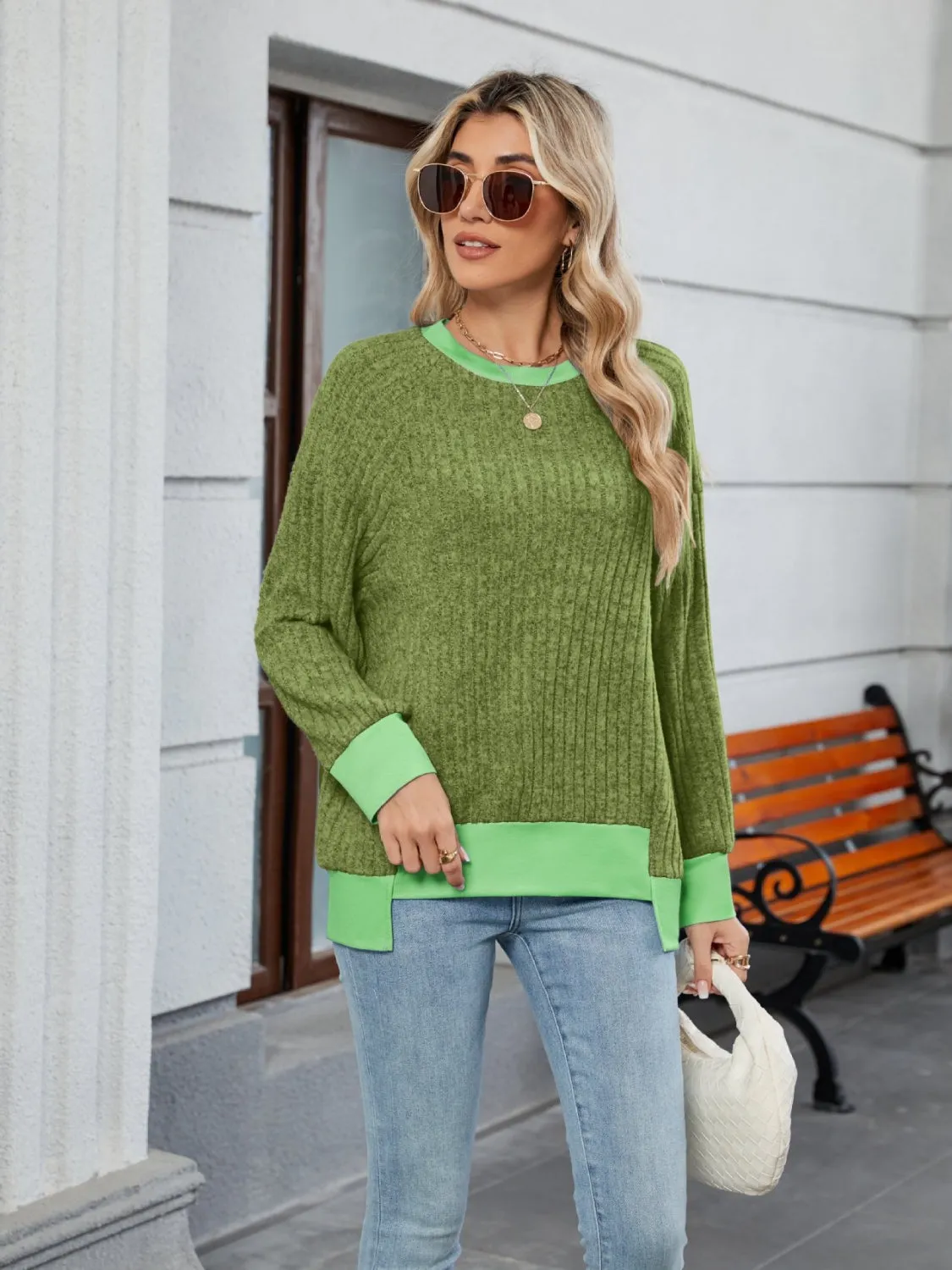 Contrast Trim Round Neck Long Sleeve T-Shirt sold by Charming Charlie product image thumbnail 2