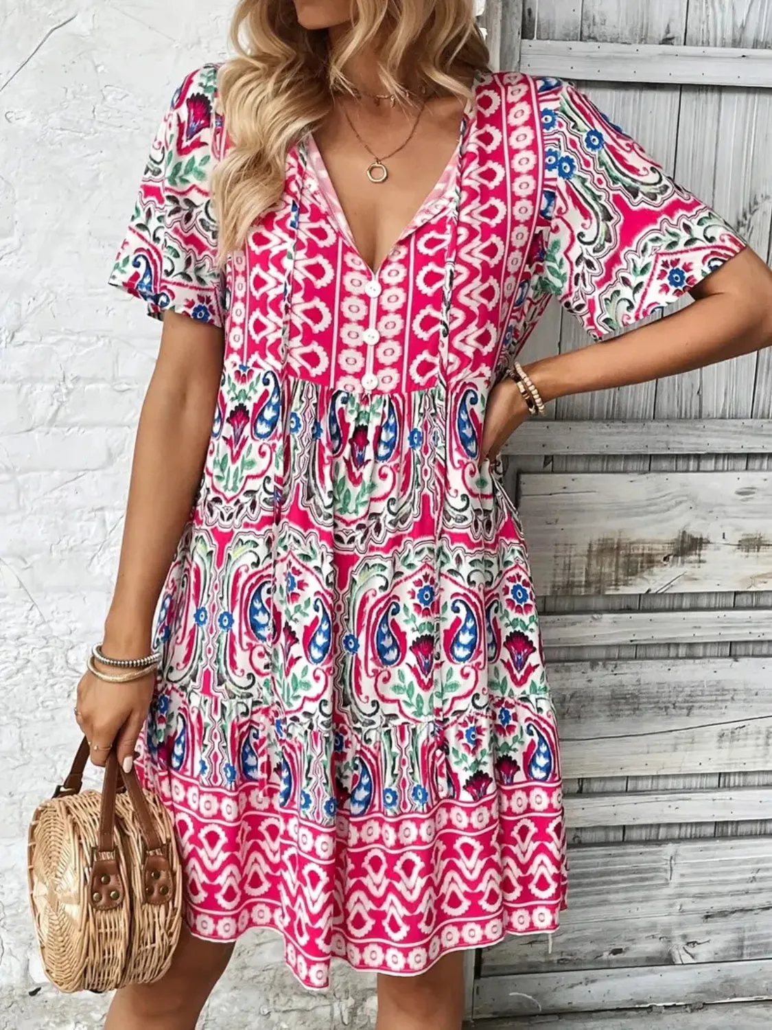 Printed Tie Neck Short Sleeve Dress sold by Charming Charlie