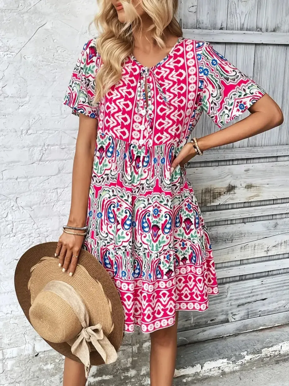 Printed Tie Neck Short Sleeve Dress sold by Charming Charlie product image thumbnail 2