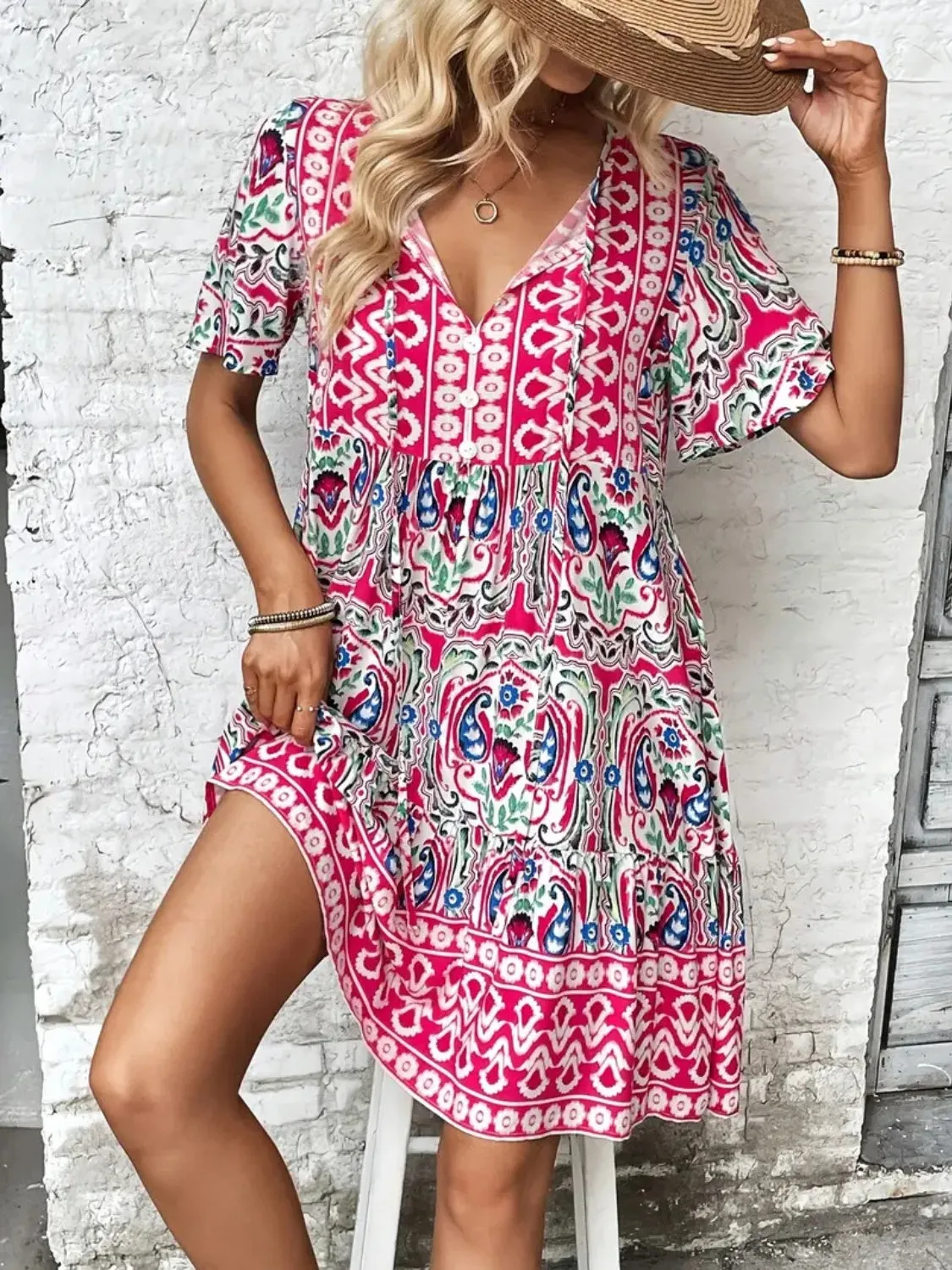 Printed Tie Neck Short Sleeve Dress sold by Charming Charlie product image thumbnail 4