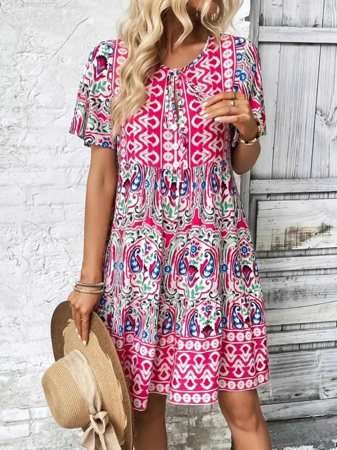 Printed Tie Neck Short Sleeve Dress sold by Charming Charlie product image thumbnail 3