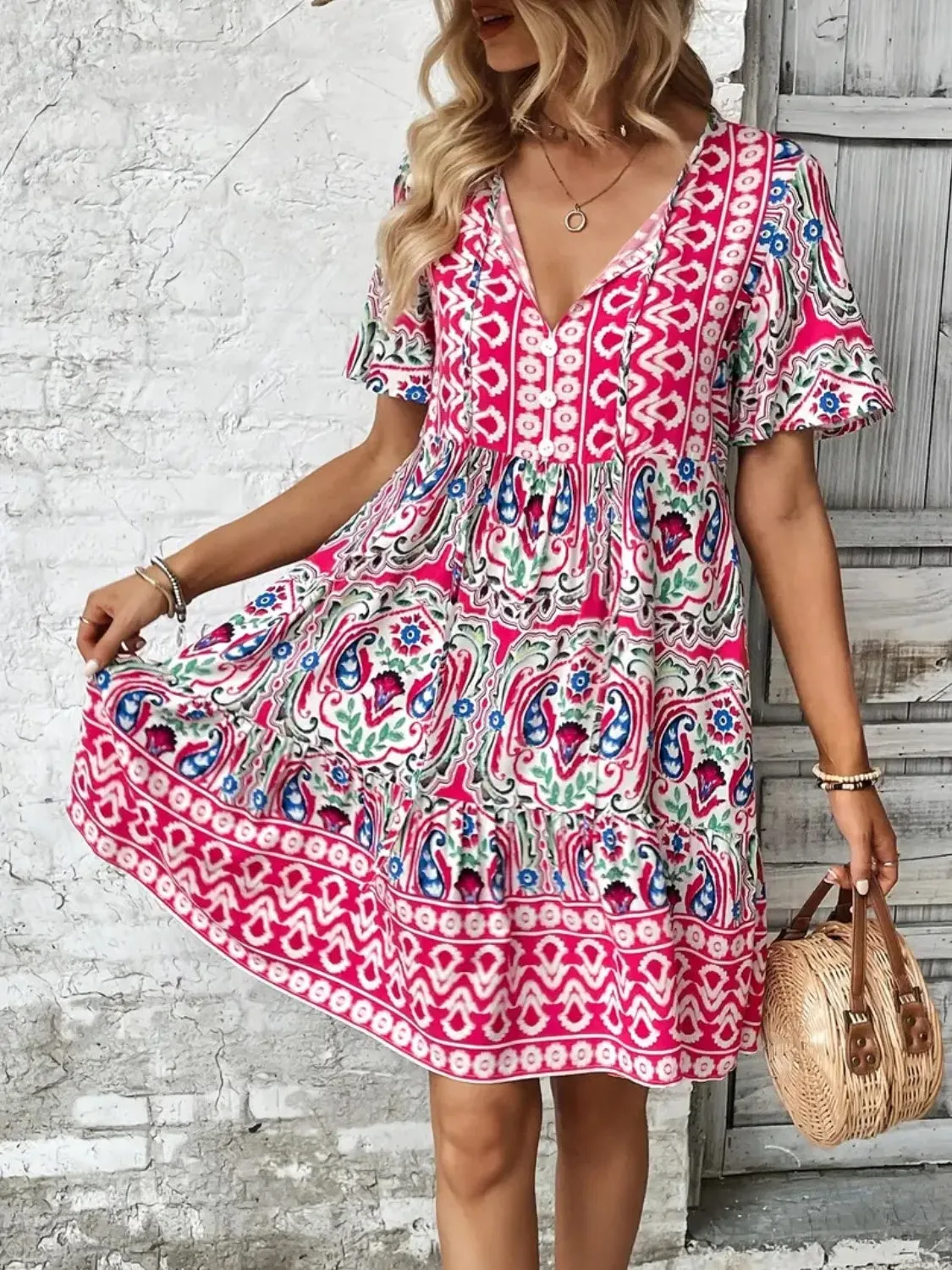 Printed Tie Neck Short Sleeve Dress sold by Charming Charlie product image thumbnail 5