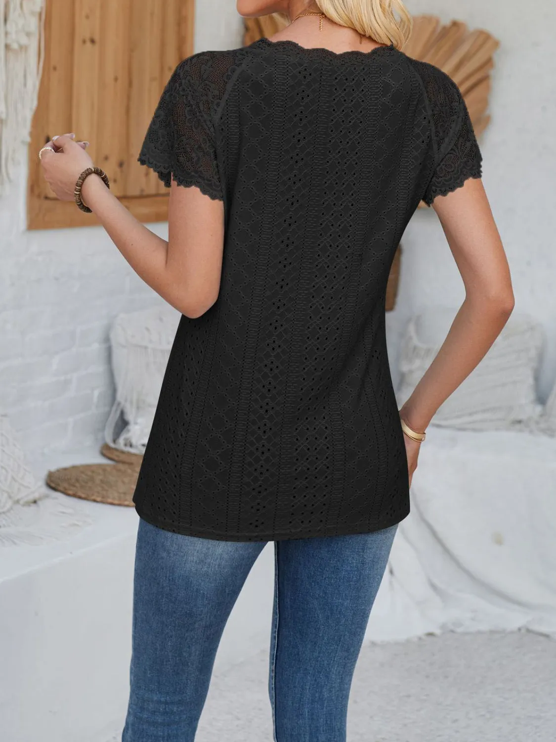 Eyelet Lace Detail V-Neck Short Sleeve Top sold by Charming Charlie product image thumbnail 4