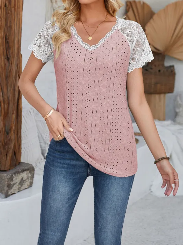 Eyelet Lace Detail V-Neck Short Sleeve Top sold by Charming Charlie