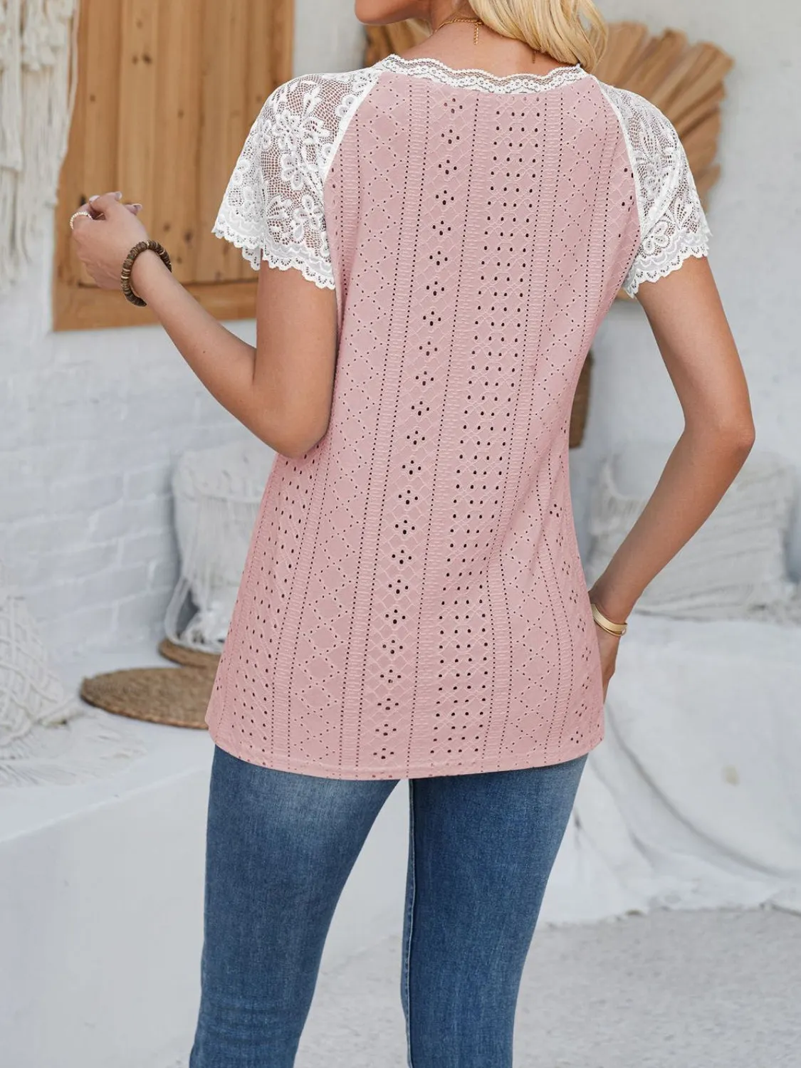 Eyelet Lace Detail V-Neck Short Sleeve Top sold by Charming Charlie product image thumbnail 3