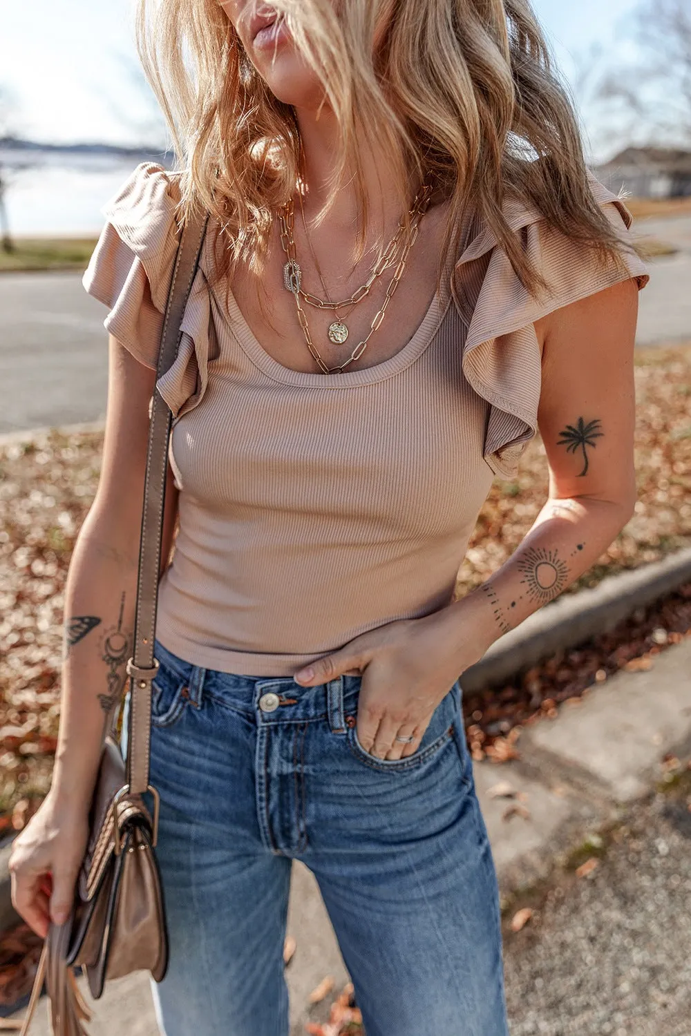 Ribbed Knit Ruffled Cap Sleeve Slim Fit Top sold by Charming Charlie product image thumbnail 2