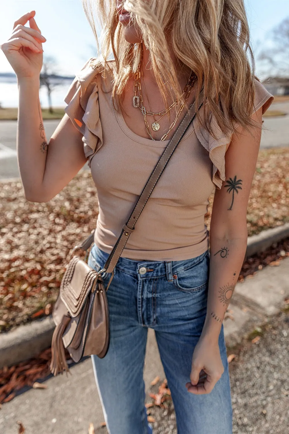 Ribbed Knit Ruffled Cap Sleeve Slim Fit Top sold by Charming Charlie product image thumbnail 4