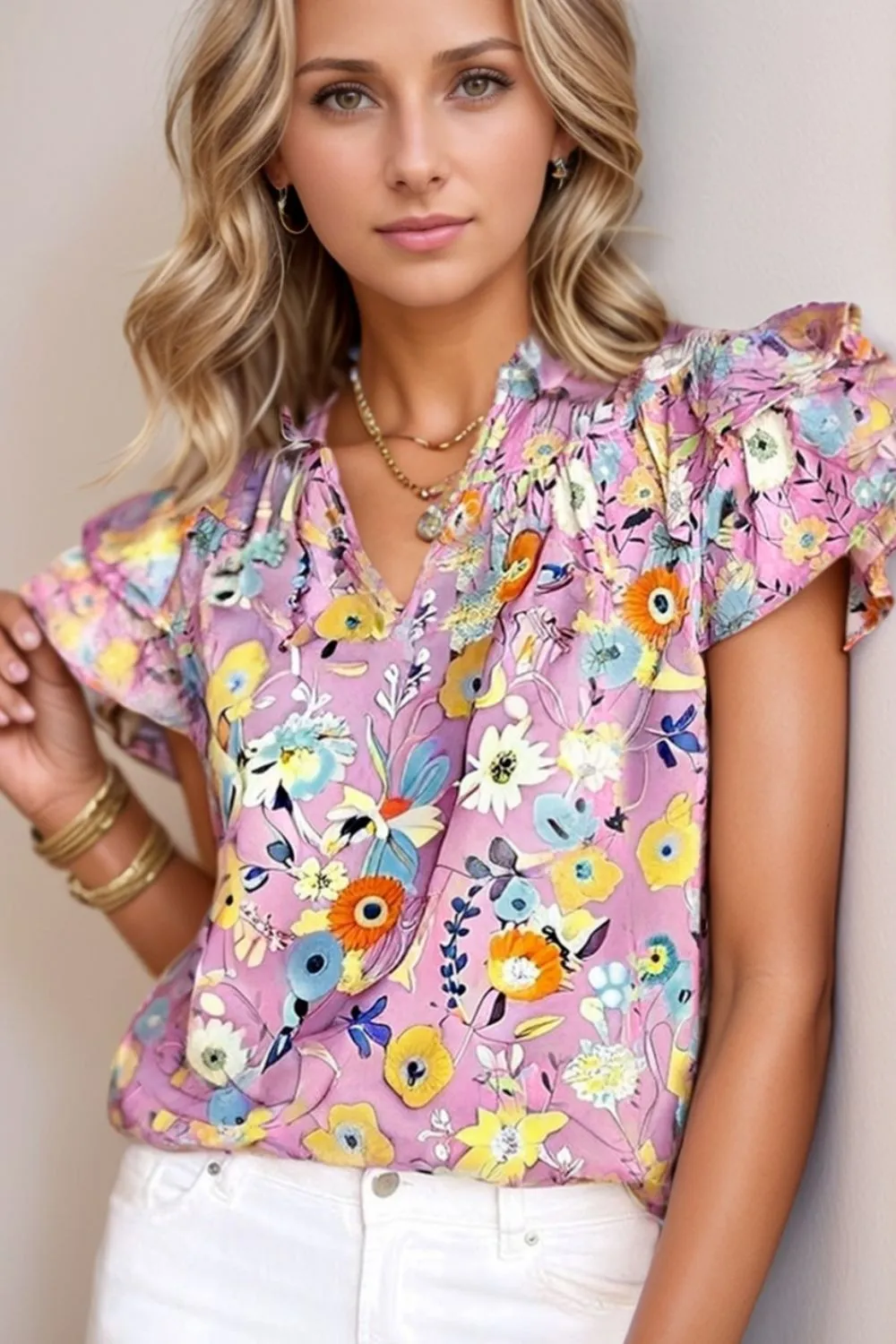 Printed Notched Double Layered Ruffle Sleeve Blouse sold by Charming Charlie product image thumbnail 2