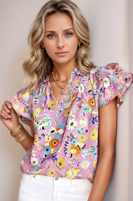 Printed Notched Double Layered Ruffle Sleeve Blouse sold by Charming Charlie