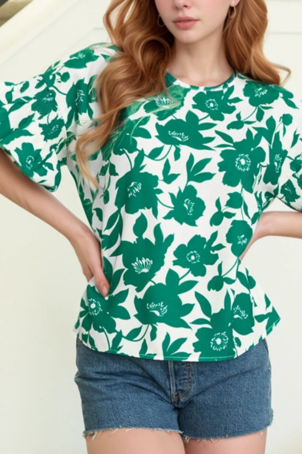 Floral Print Ruffled Short Sleeve Round Neck Loose Blouse sold by Charming Charlie product image thumbnail 2