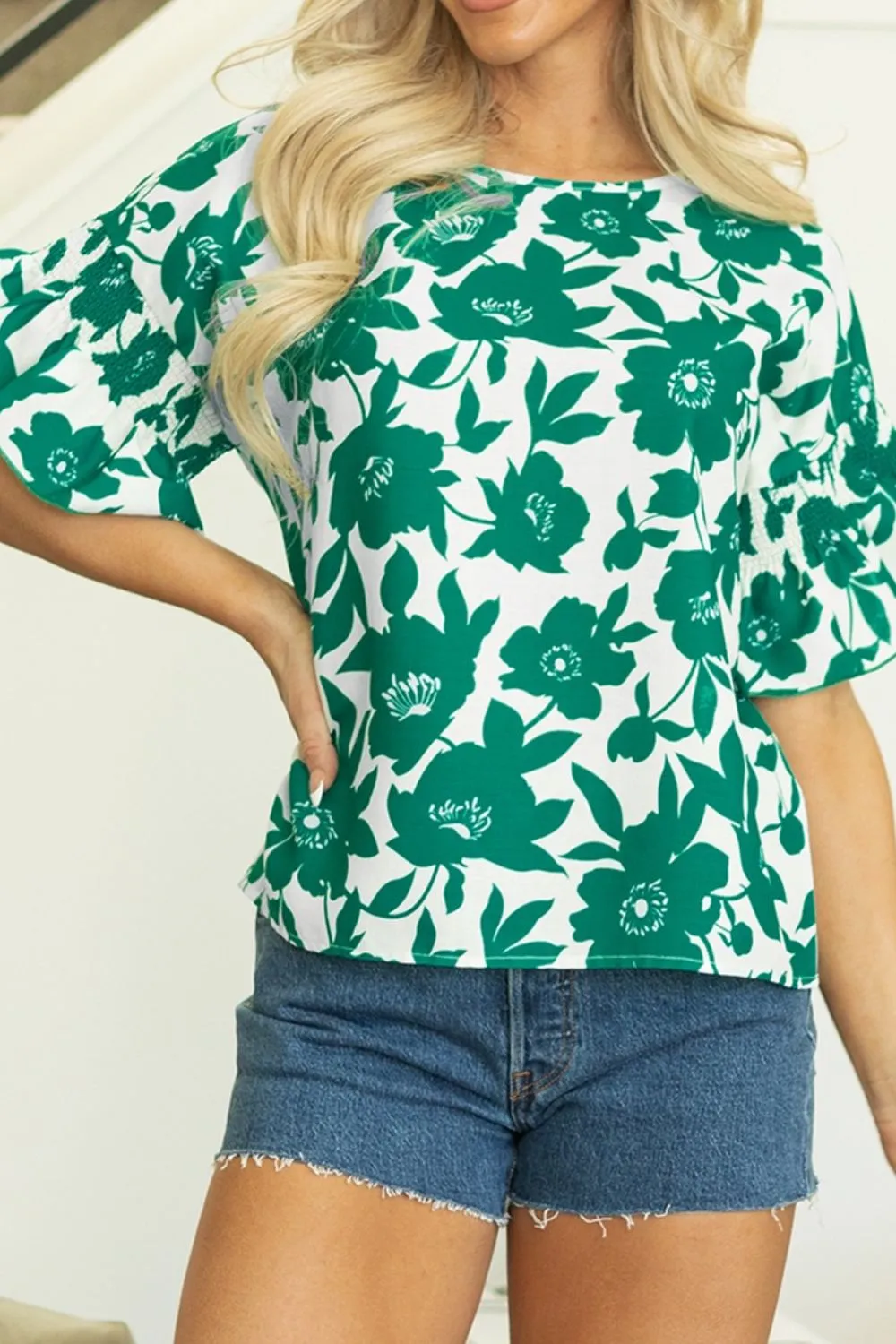 Floral Print Ruffled Short Sleeve Round Neck Loose Blouse sold by Charming Charlie product image thumbnail 4