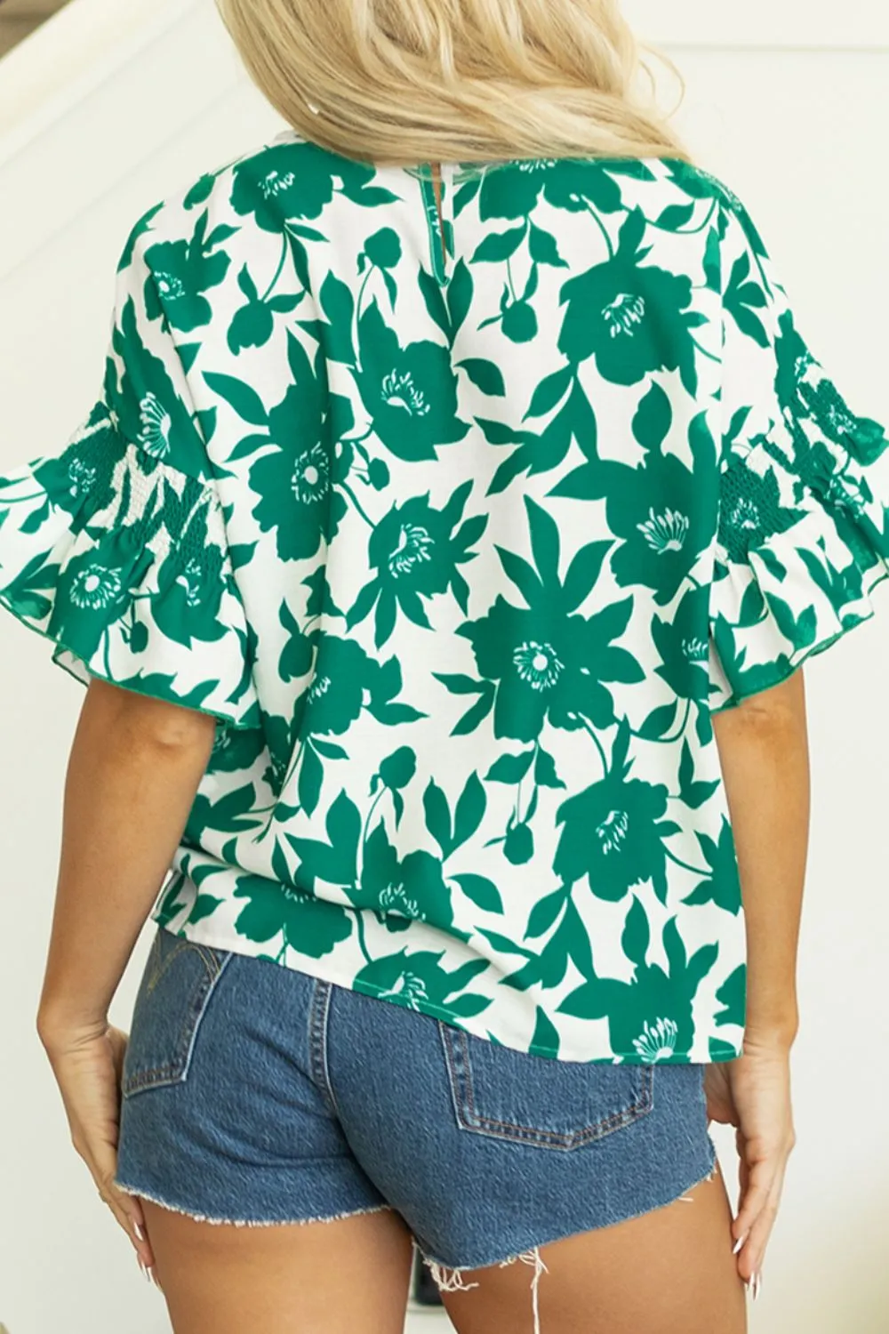 Floral Print Ruffled Short Sleeve Round Neck Loose Blouse sold by Charming Charlie product image thumbnail 5