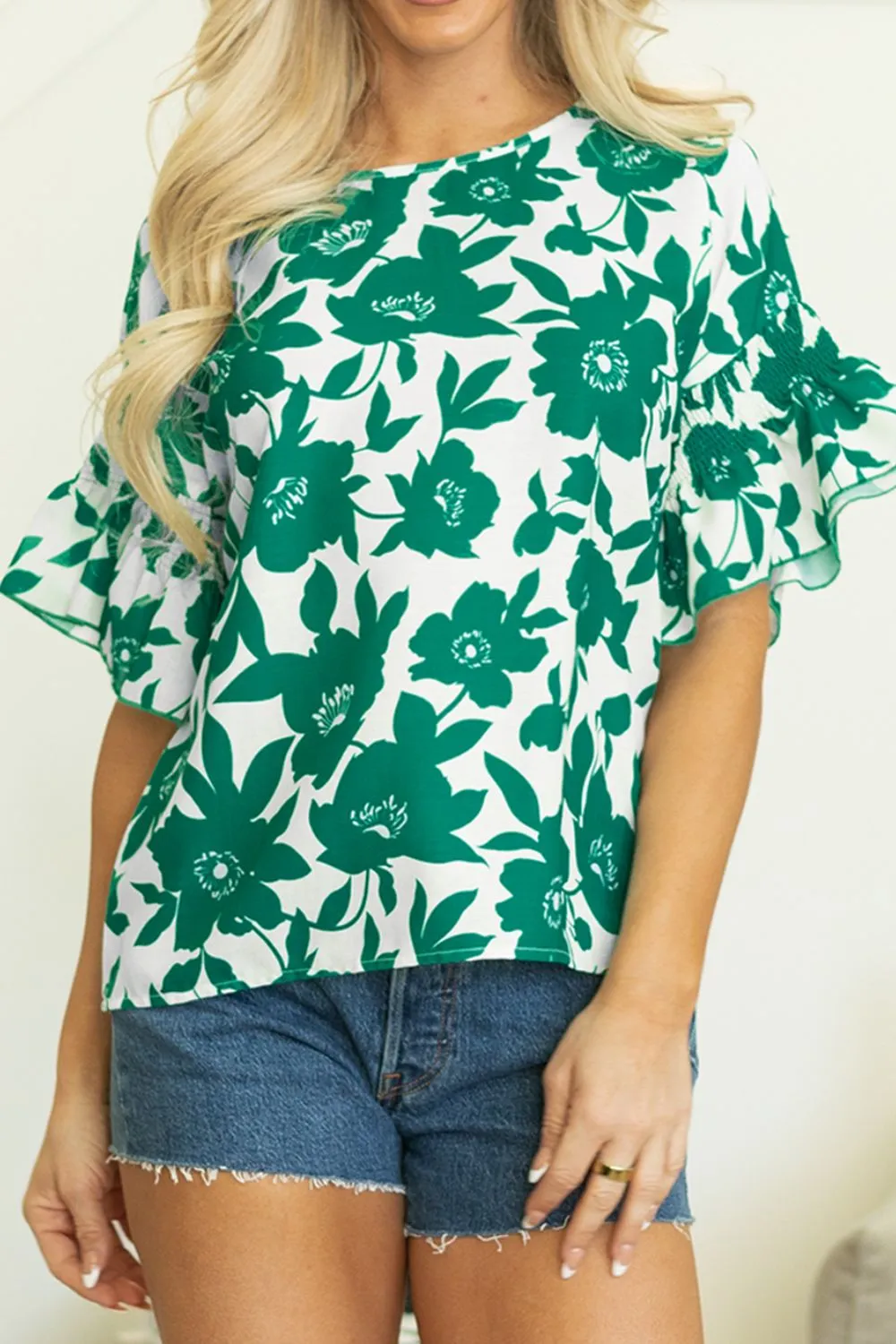 Floral Print Ruffled Short Sleeve Round Neck Loose Blouse sold by Charming Charlie product image thumbnail 3