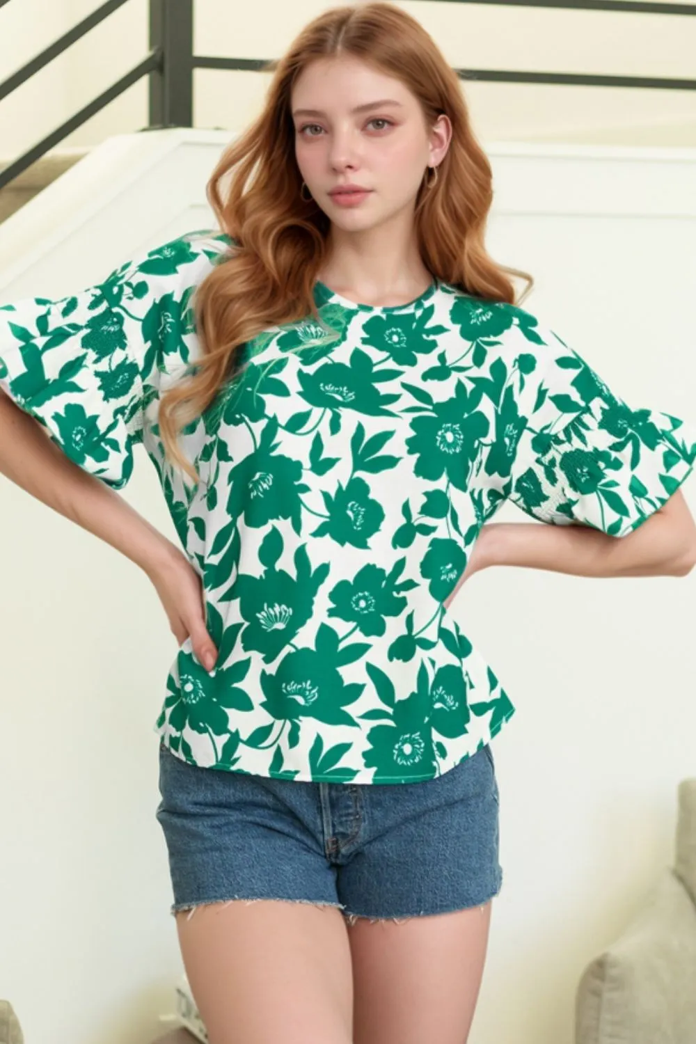 Floral Print Ruffled Short Sleeve Round Neck Loose Blouse sold by Charming Charlie
