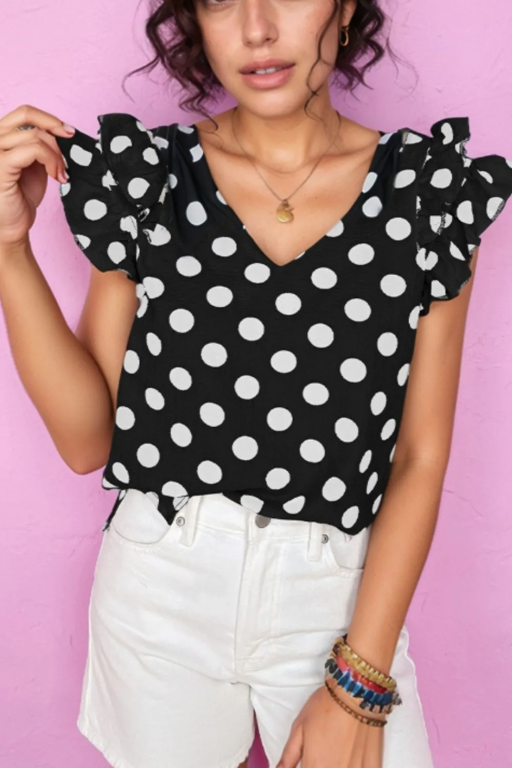 Polka Dot V-Neck Ruffle Cap Sleeve Blouse sold by Charming Charlie