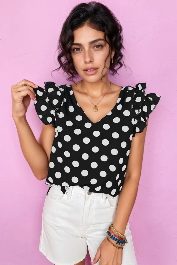 Polka Dot V-Neck Ruffle Cap Sleeve Blouse sold by Charming Charlie product image thumbnail 3