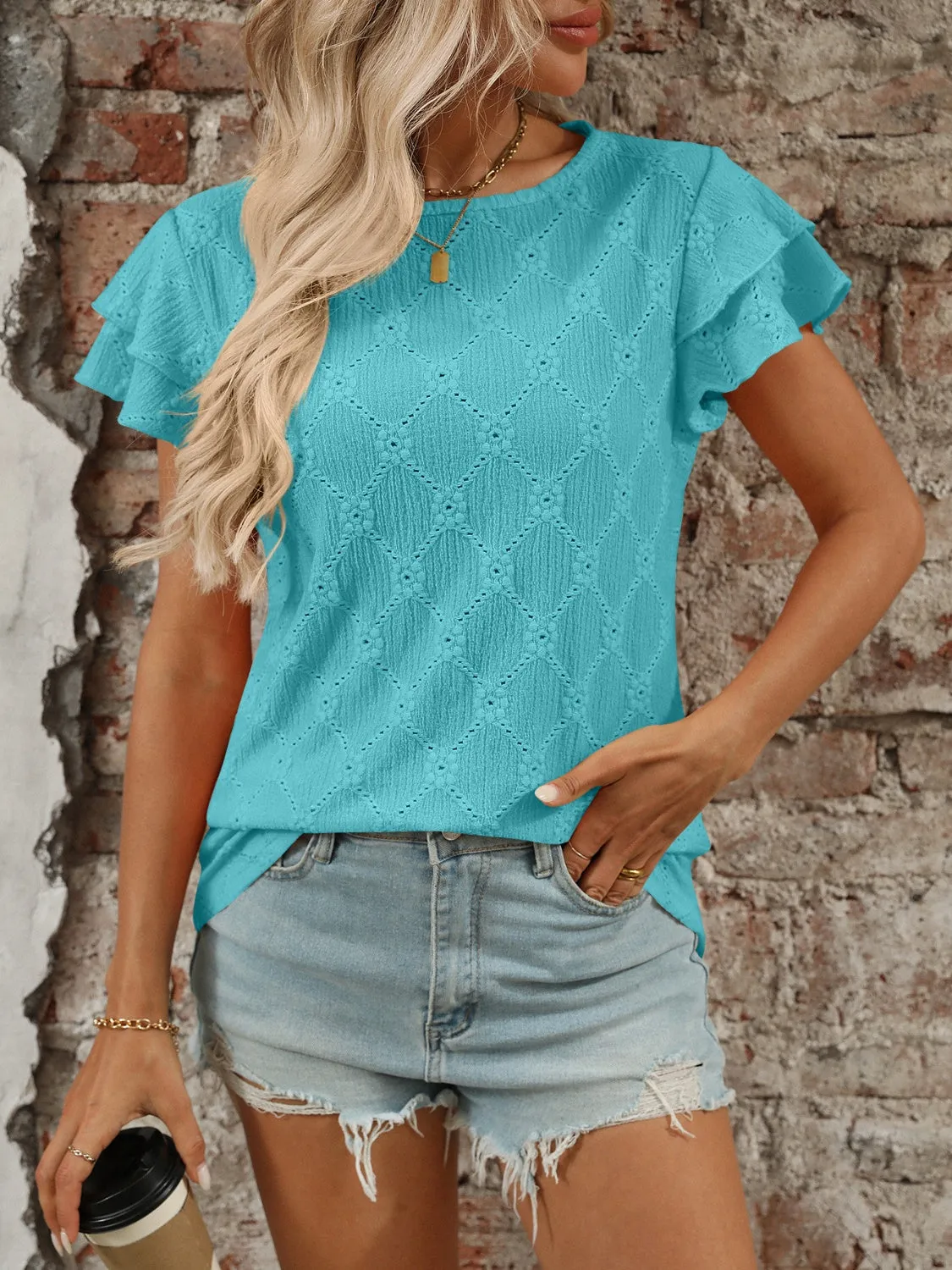 Eyelet Round Neck Double Layered Ruffled Short Sleeve Top sold by Charming Charlie