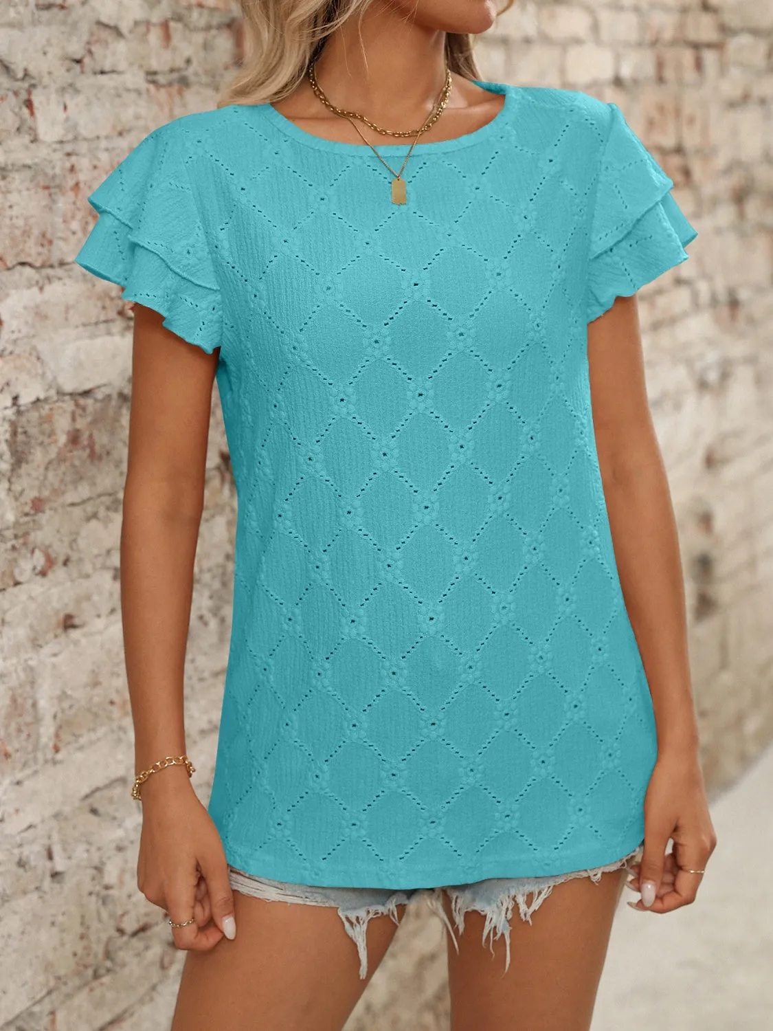 Eyelet Round Neck Double Layered Ruffled Short Sleeve Top sold by Charming Charlie product image thumbnail 3