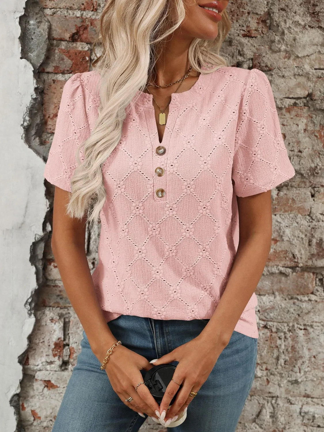 Eyelet Notched Short Sleeve Top sold by Charming Charlie product image thumbnail 5
