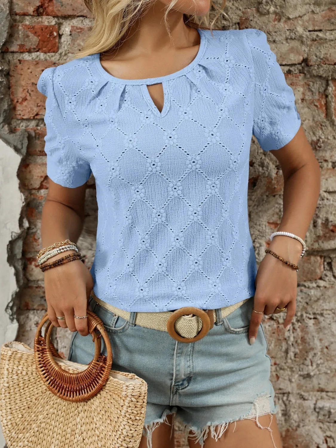 Eyelet Round Neck Short Sleeve Top sold by Charming Charlie