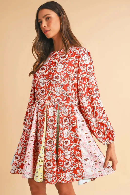 Floral Patchwork Long Sleeve Pleated Mini Dress sold by Charming Charlie product image thumbnail 5