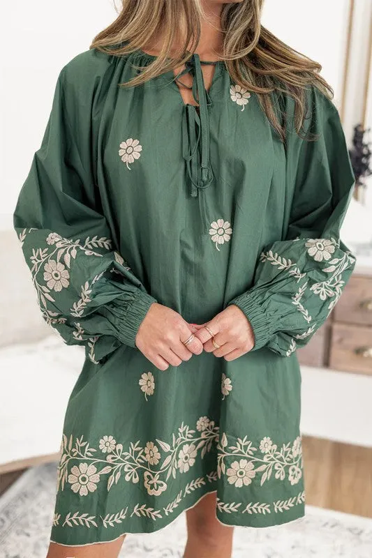 Tie Neck Boho Floral Puff Sleeve Shift Dress sold by Charming Charlie