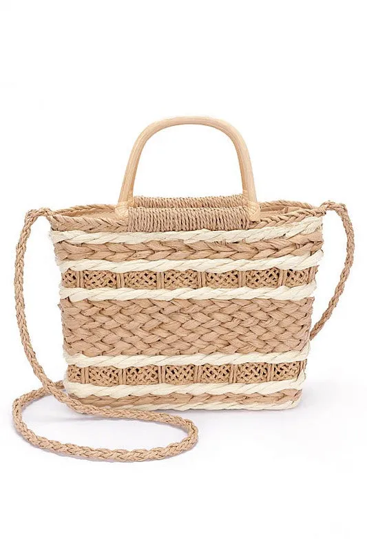 2 Tone Woven Faux Straw Top Handle Tote sold by Charming Charlie