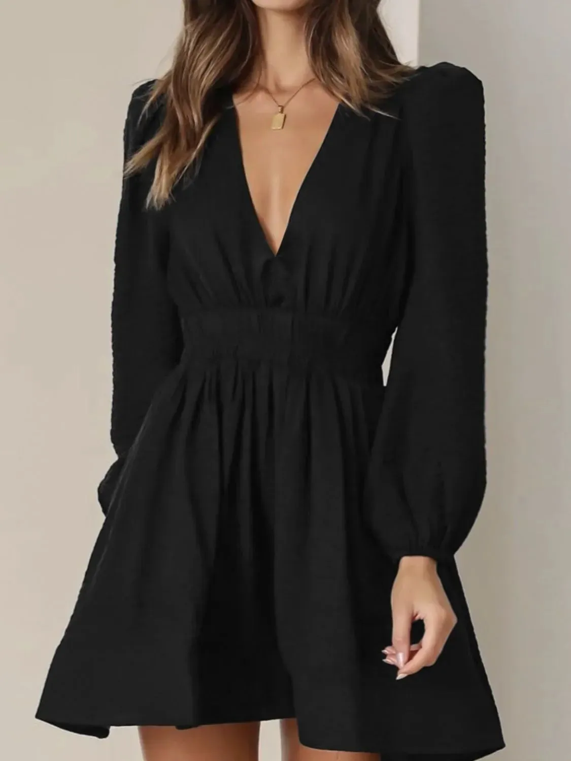 Ruched V-Neck Balloon Sleeve Mini Dress sold by Charming Charlie product image thumbnail 5