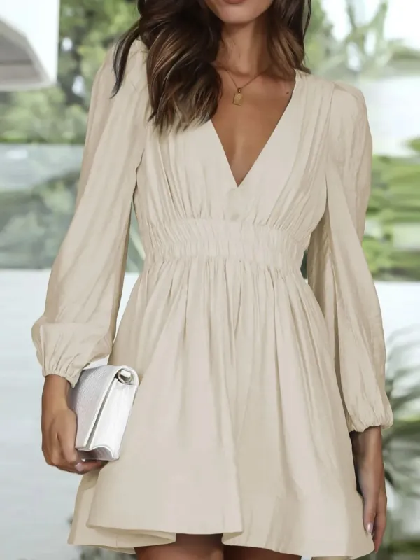 Ruched V-Neck Balloon Sleeve Mini Dress sold by Charming Charlie