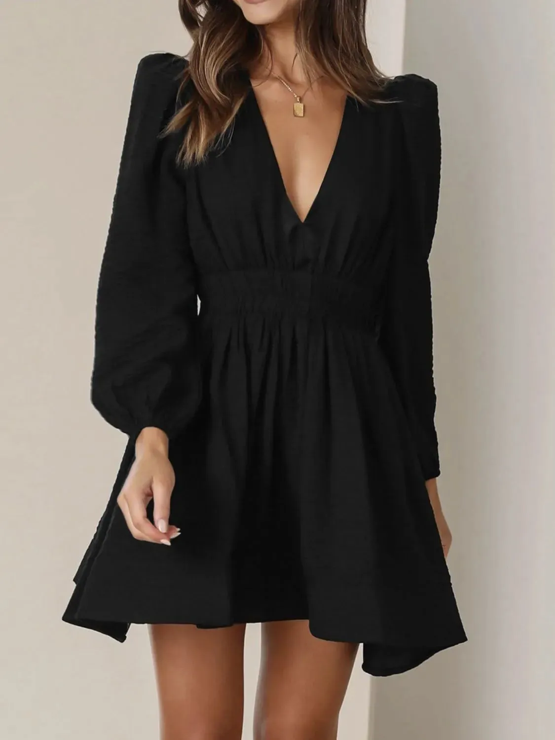 Ruched V-Neck Balloon Sleeve Mini Dress sold by Charming Charlie product image thumbnail 4