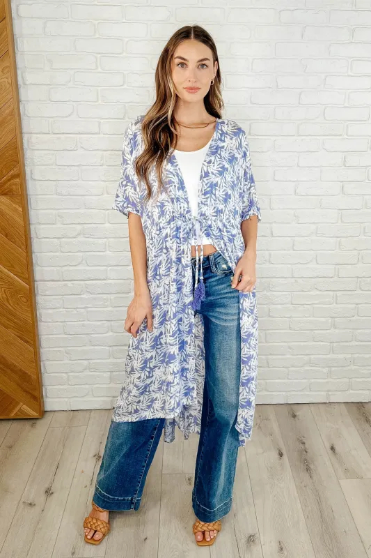 Tropical Print Gauze Kimono with Elastic Waist Tie in Periwinkle sold by Charming Charlie