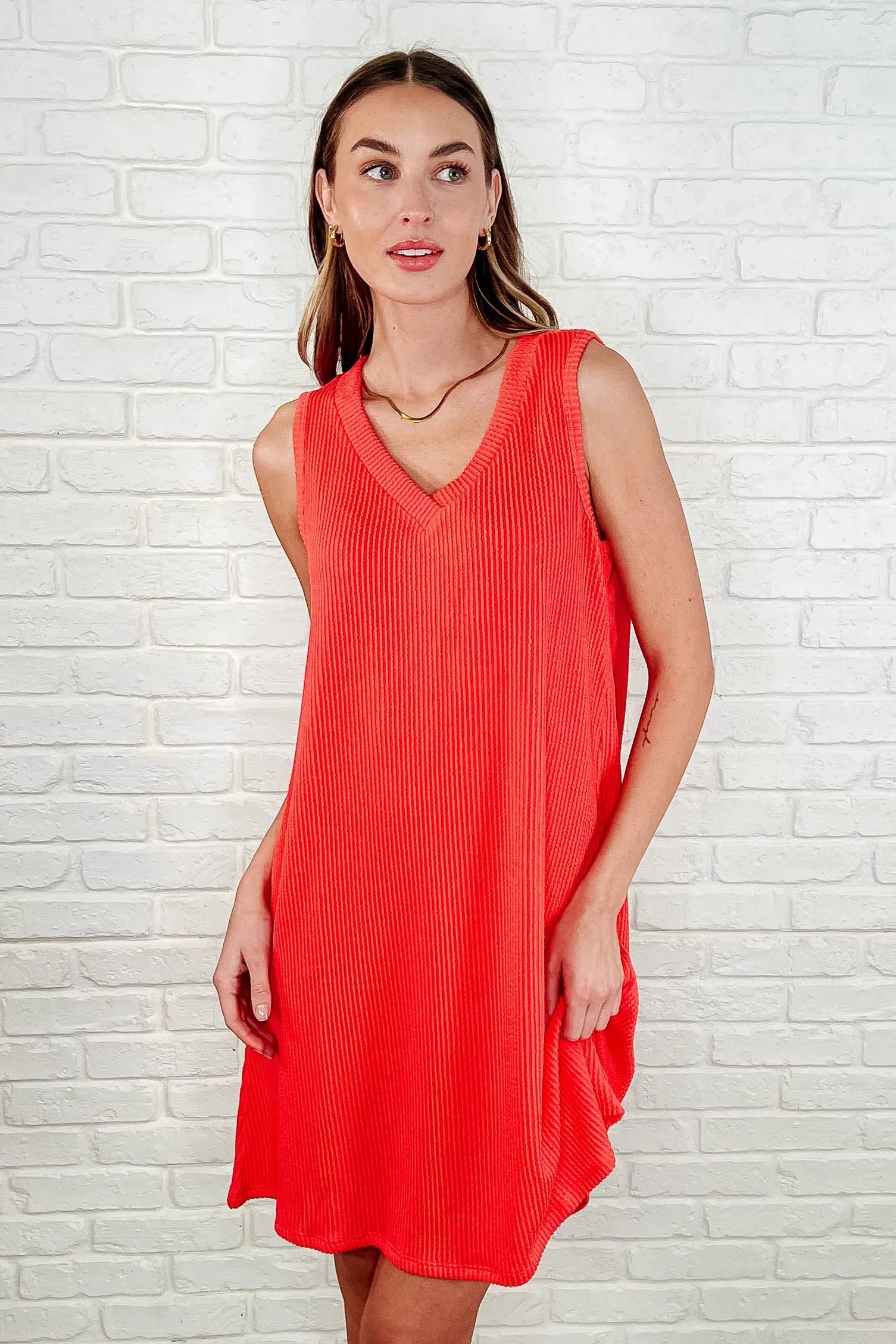 The Power I Hold V-Neck Ribbed Knit Dress in Summer Coral sold by Charming Charlie