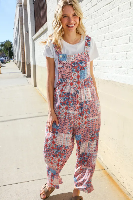 Weekend Ready Fuchsia Patchwork Baggy Overall Jumpsuit sold by Charming Charlie