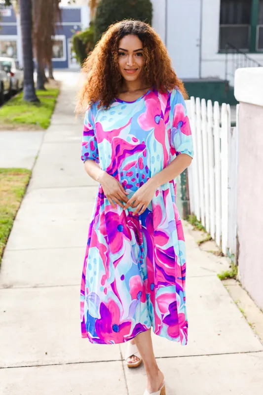 Chasing Dreams Blue & Fuchsia Floral Elastic Elbow Sleeve Midi Dress sold by Charming Charlie