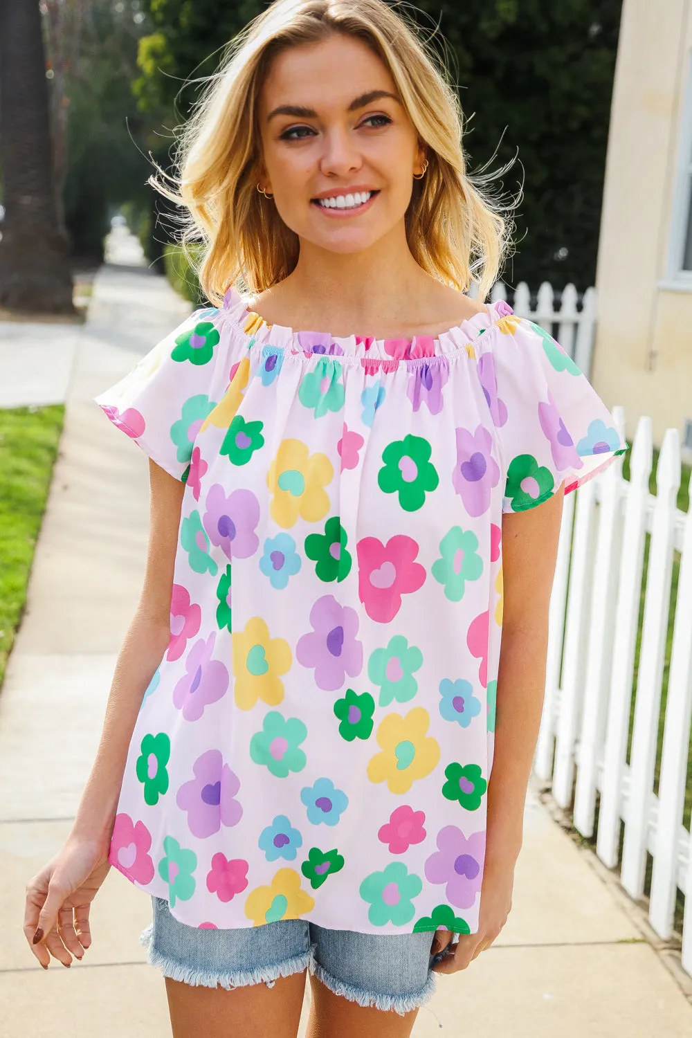 Spring Vibes Multicolor Flower Print Frill Neck Blouse sold by Charming Charlie product image thumbnail 3